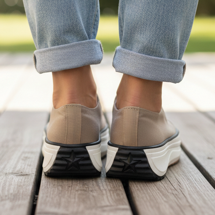 Lace-up women's chunky platform walking sneakers, offering comfort & a fashionable, elevated casual look.
