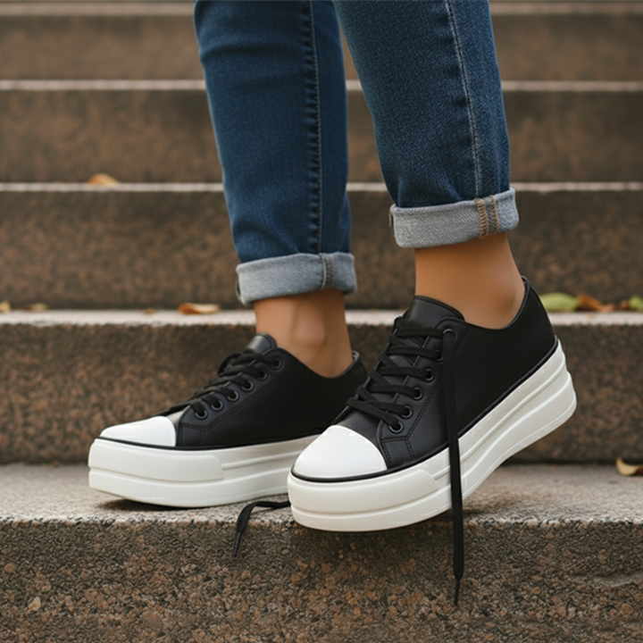 Stylish low-top women's chunky platform fashion sneakers, versatile for casual or trendy outfits.