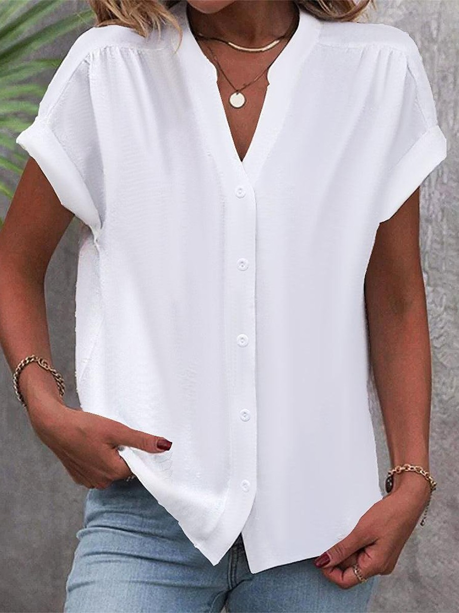 White women's classic V-neck button-up blouse with cap sleeves, relaxed fit for summer casual or office wear. Lightweight.
