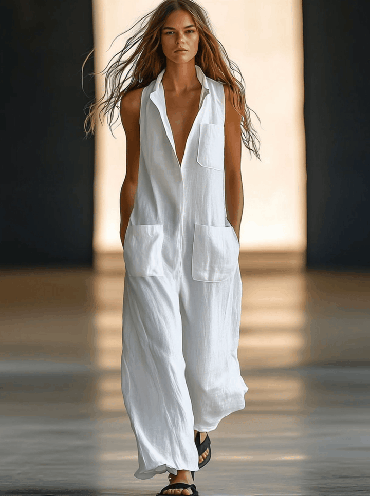 Effortless women's collared V-neck sleeveless jumpsuit. Features patch pockets & wide legs for casual elegance & comfort.