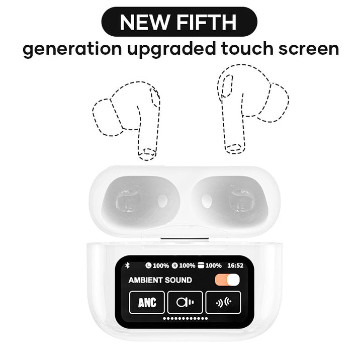 Angled view of the ergonomic design of wireless earbuds, emphasizing comfort and stability.