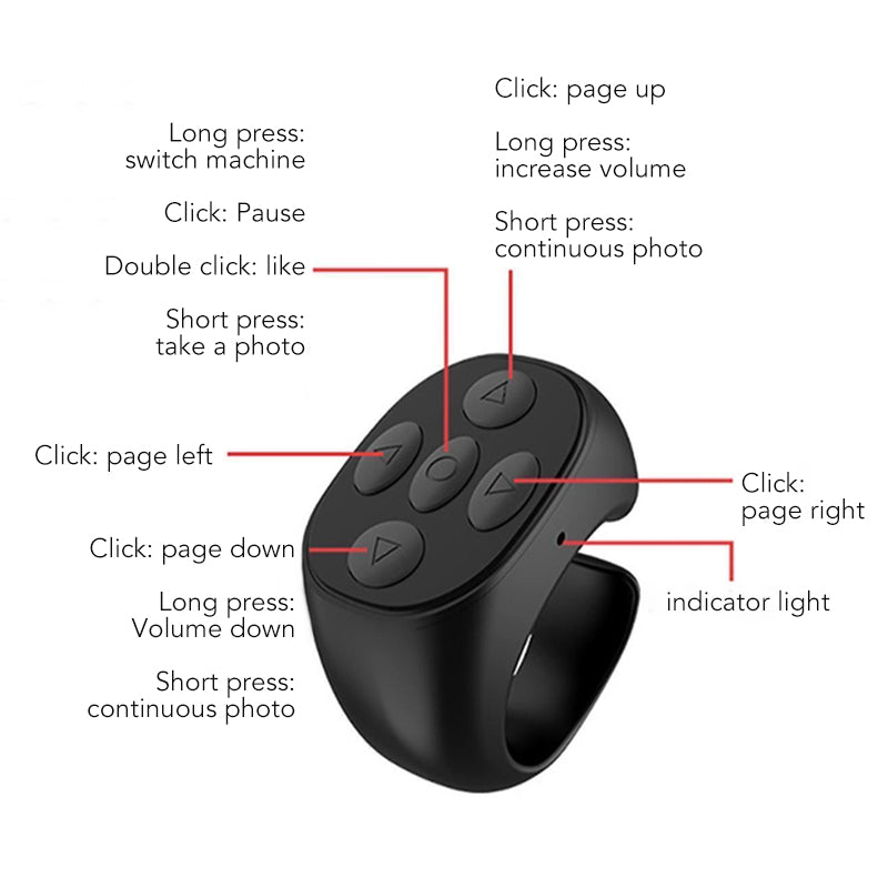 Wireless Bluetooth finger remote for phones, black, ergonomic design, universal media control for smartphones.