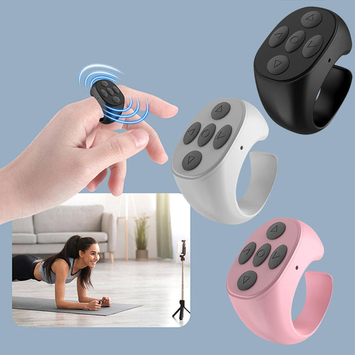 Universal wireless media remote, shown next to a smartphone, emphasizing its compact size and easy pairing.