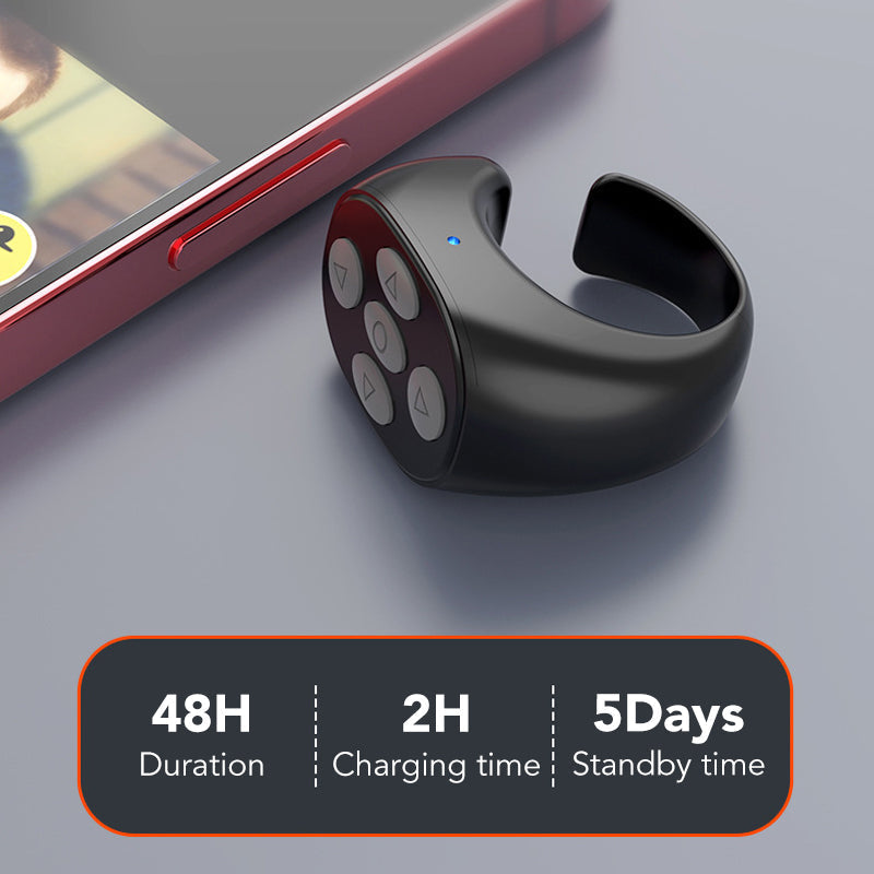 Universal wireless remote for phones, small and discreet, enables selfie clicks and media control.