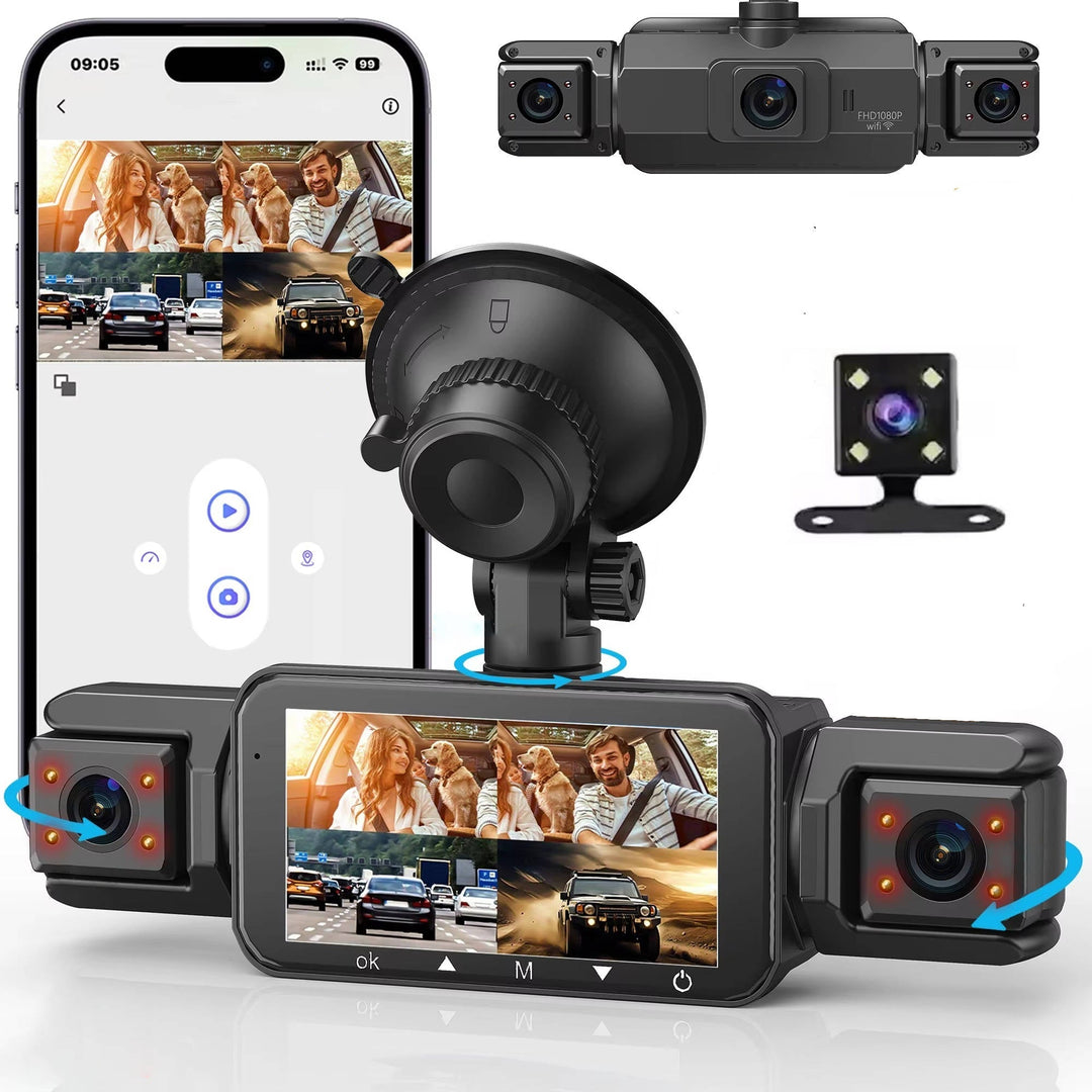 Wireless car dash camera system with front & rear night vision for vehicle security and HD recording.