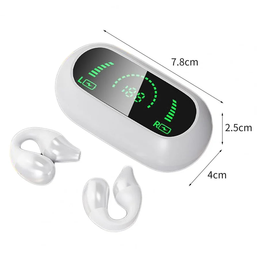 User enjoying music with wireless bone conduction ear clip headphones, clear sound.
