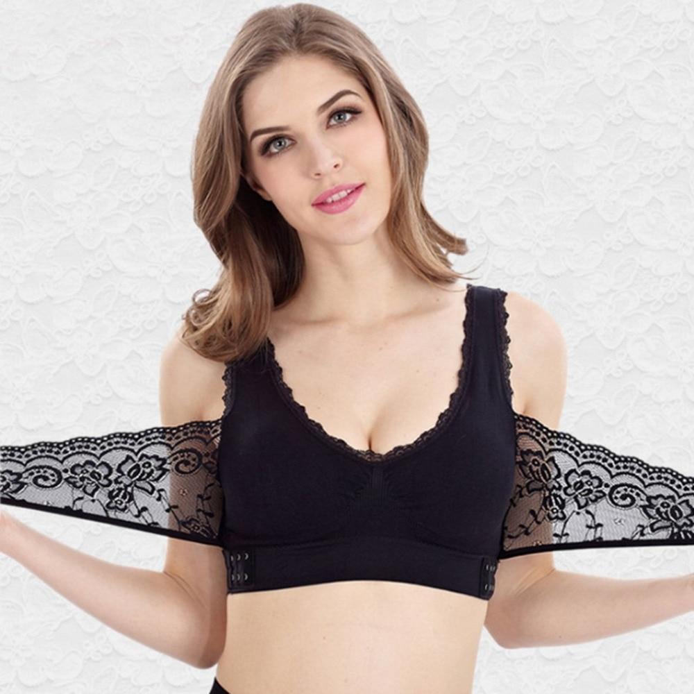 Elegant women's wireless front cross bra, lace details for lift & comfort