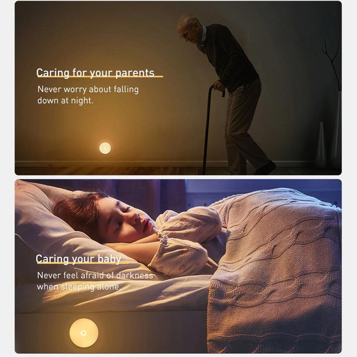 Wireless motion sensor LED night light, warm glow, perfect for hallways or bedrooms, home safety