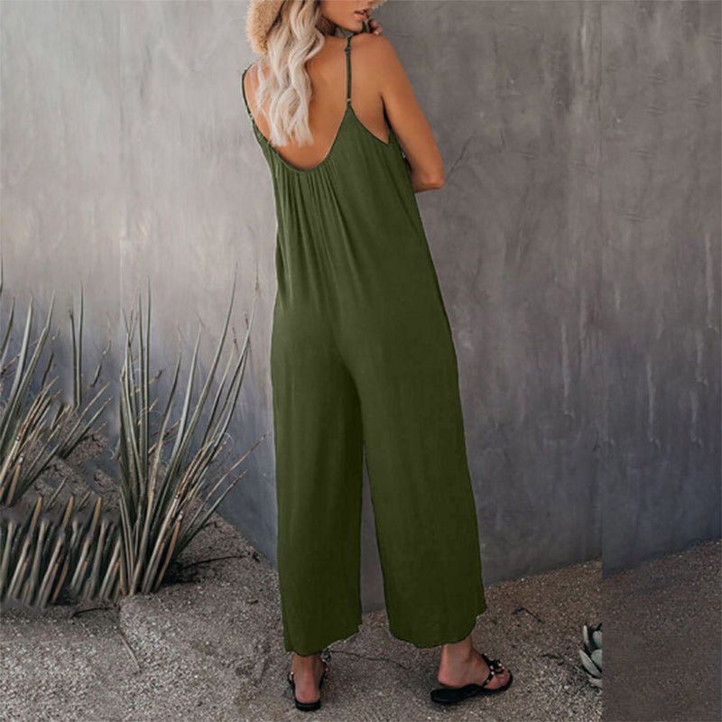 Close-up of the strap detail on a women's comfy polyester sleeveless jumpsuit, demonstrating quality