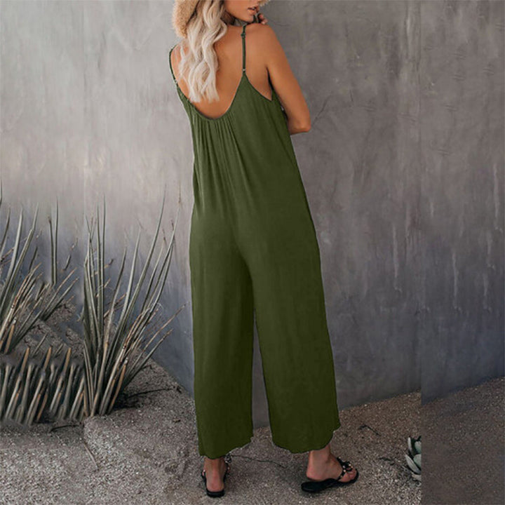Close-up of the strap detail on a women's comfy polyester sleeveless jumpsuit, demonstrating quality