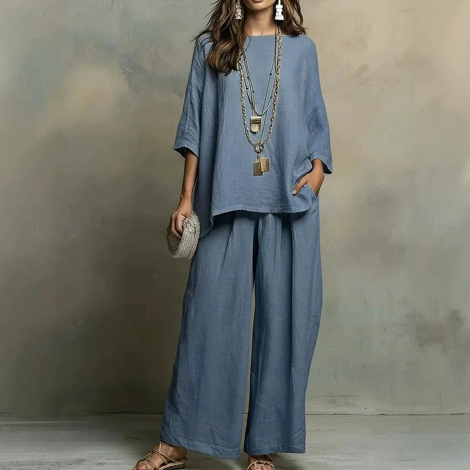 Comfortable women's breathable wide-leg pant set in a soft fabric, designed for effortless summer style & vacation.