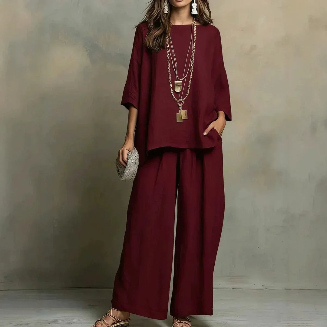 Stylish women's matching wide-leg pant set. Relaxed fit, breathable fabric for ultimate summer comfort & casual wear.