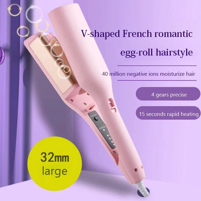 A French egg wave hair curler unplugged, displaying its swivel cord and temperature control settings for safe use