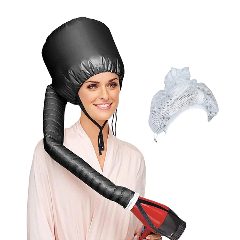 Illustration showing how a plopping cap works to dry hair and enhance curls