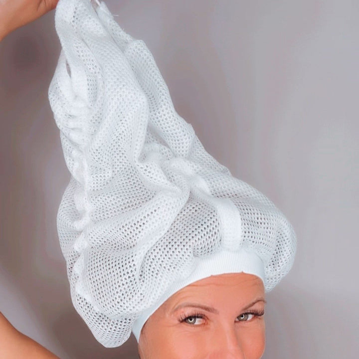 Packaging of the Women's Hair Net Plopping Cap, highlighting frizz control benefits