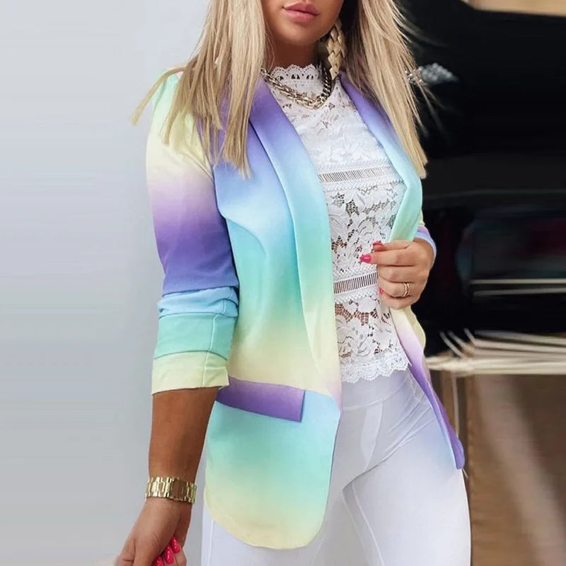 Detailed women's open front printed blazer, 3/4 sleeves offer a chic touch for any casual or work ensemble.