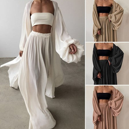 Women's 3-piece summer set with a chic blazer, elegant trousers, and matching top. Perfect versatile co-ord outfit.