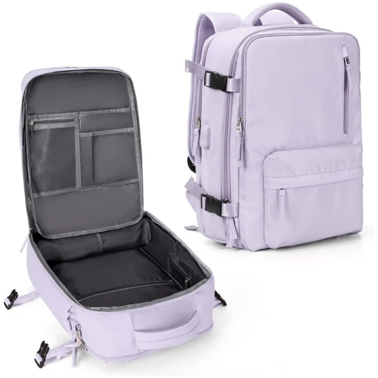 Modern women's 35L travel backpack, sleek design, waterproof, & USB charging for seamless journeys.