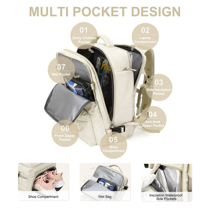 Spacious 35-liter women's travel backpack, ideal weekender bag for organized, extended trips.