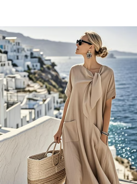 Blue A-line casual midi dress for women, featuring short sleeves & convenient pockets for stylish everyday wear.