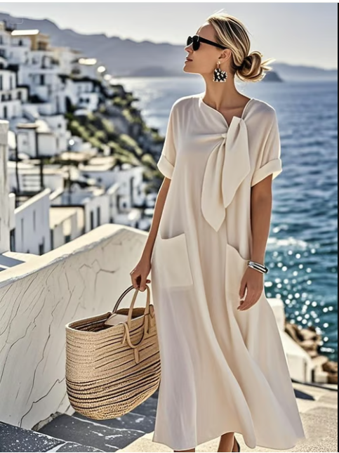 Khaki women's A-line midi dress, a stylish and comfortable short-sleeve casual dress ideal for versatile summer fashion.