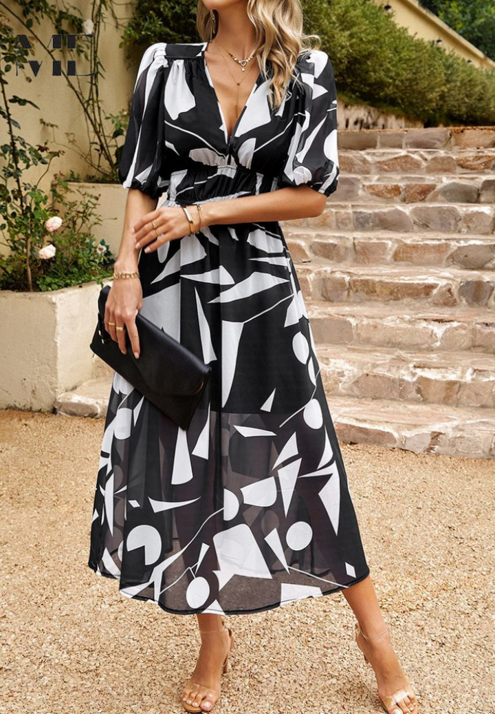 Elevated style: women's abstract print midi dress, a chic and versatile wardrobe essential