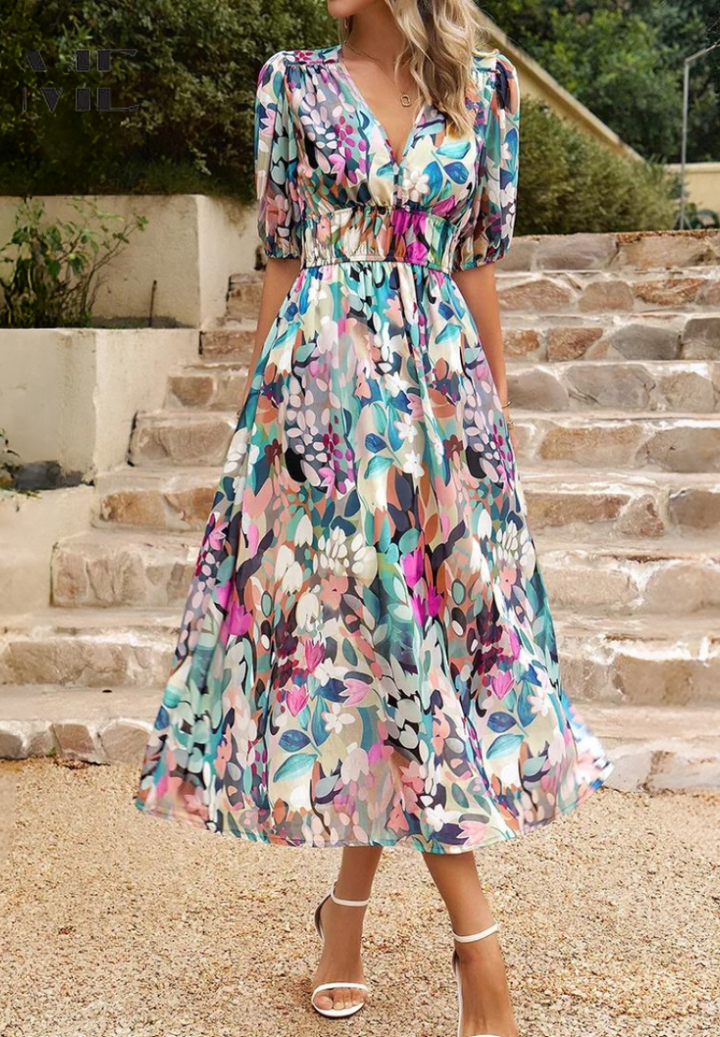 Full shot of woman wearing abstract print belted midi dress, perfect for day or evening