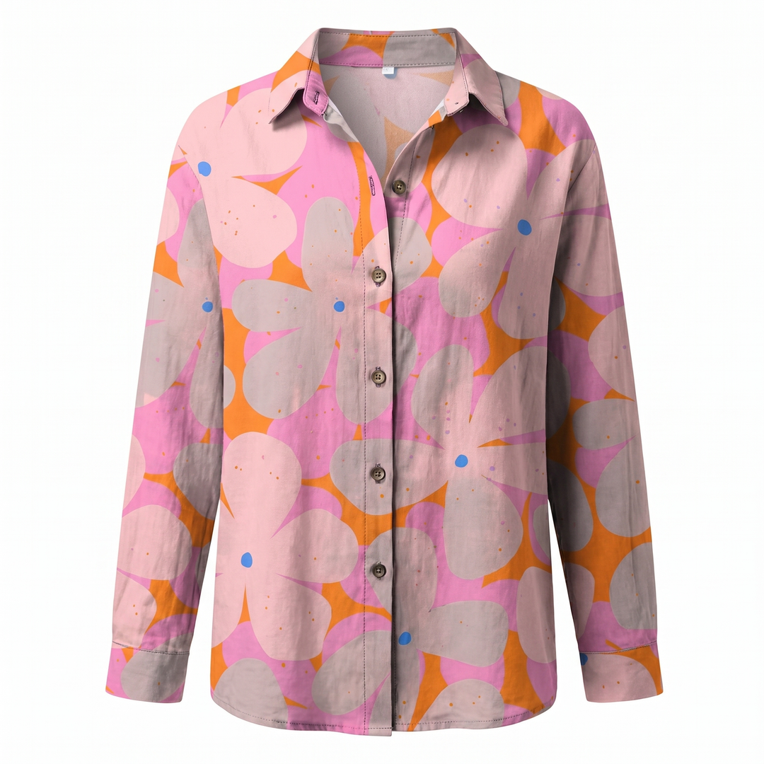 Stylish women's long sleeve abstract print split-neck blouse. A modern patterned top for office or casual.