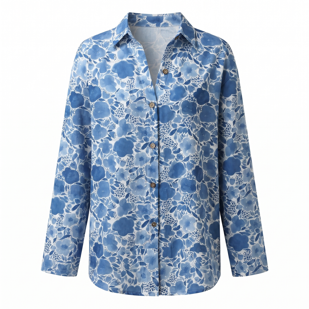 Elegant women's abstract print split-neck blouse. Perfect for office chic or casual wear, long sleeve.