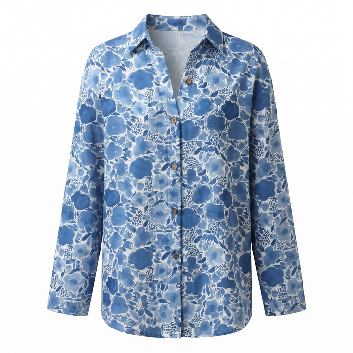 Elegant women's abstract print split-neck blouse. Perfect for office chic or casual wear, long sleeve.