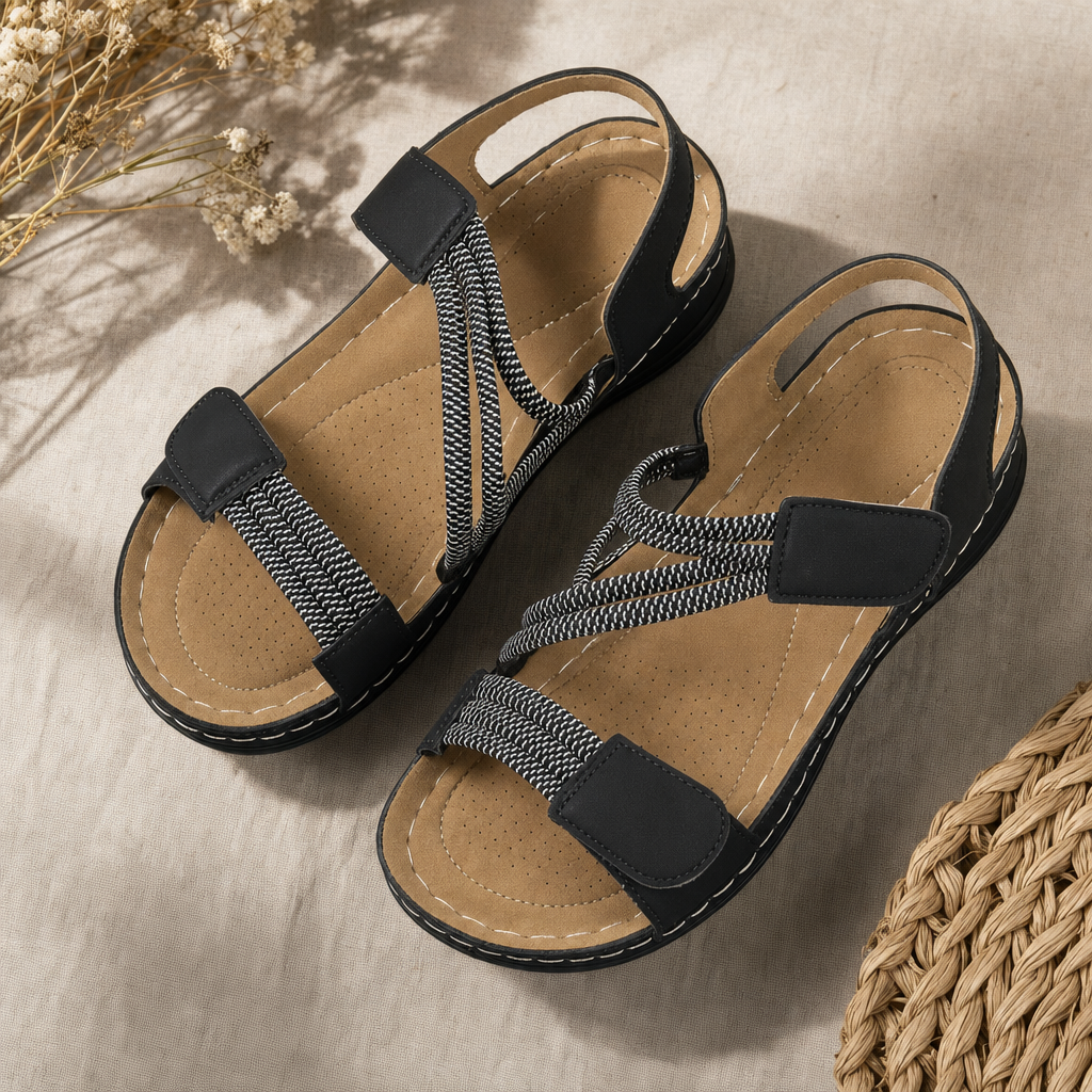 Cushioned women's comfort sandals featuring hook-and-loop adjustable straps for a custom fit.