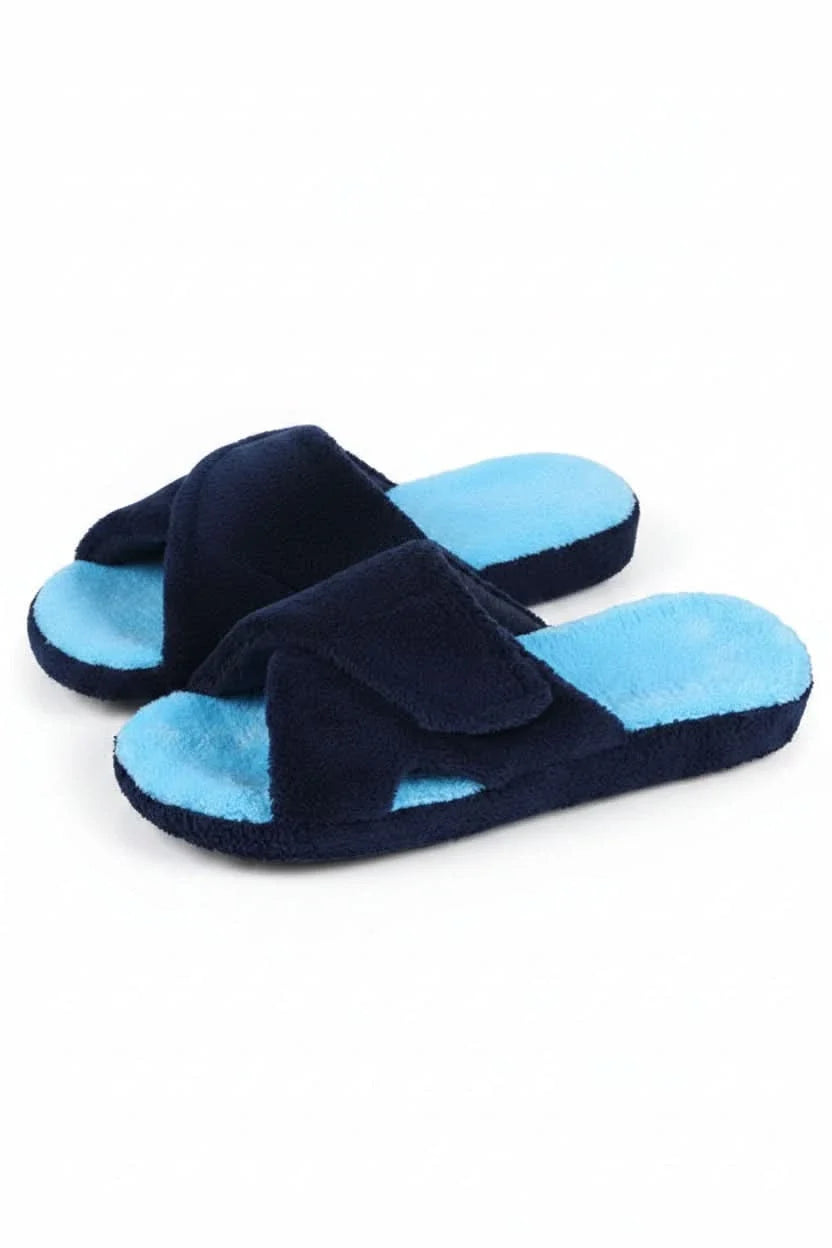 Front view of women's slip-on open-toe slippers with soft footbed.