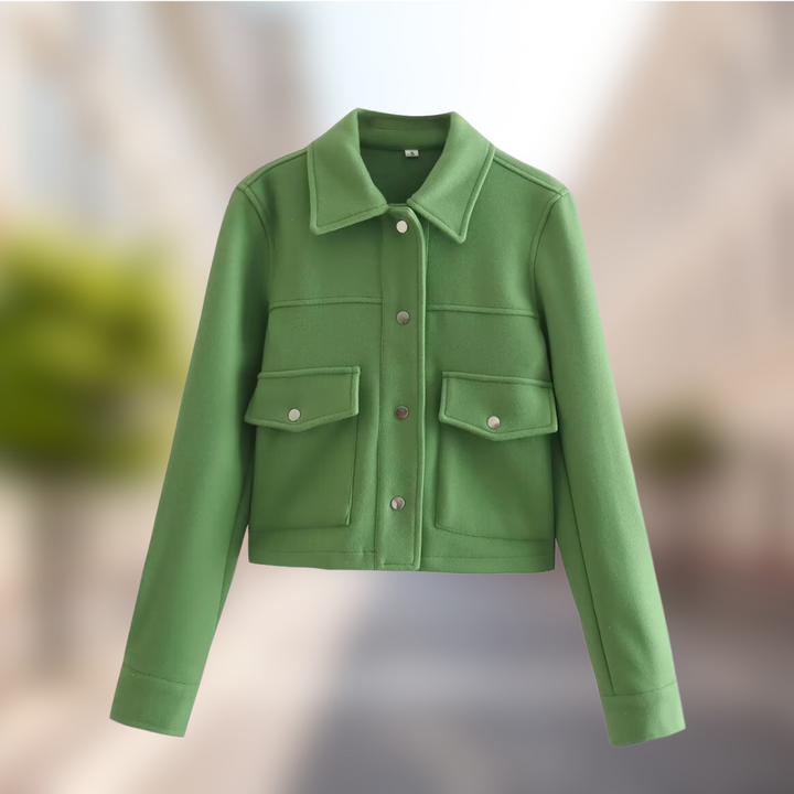 Gray women's wool jacket, a cozy and stylish casual autumn coat. Essential fall outerwear for ladies, comfortable everyday wear.
