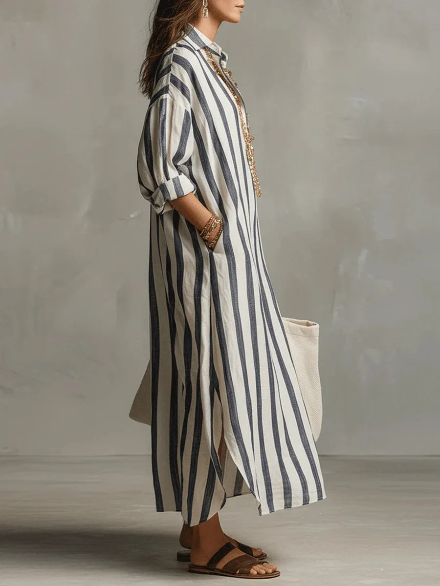 Relaxed fit Amaris striped long shirt dress with V-neck and three-quarter sleeves for women.