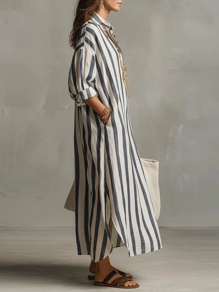 Relaxed fit Amaris striped long shirt dress with V-neck and three-quarter sleeves for women.