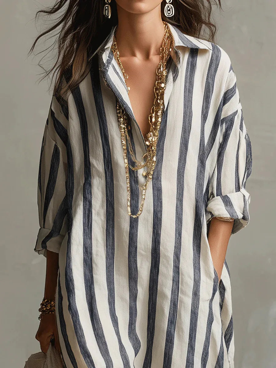 Women's striped casual day dress, a long shirt dress with a comfortable relaxed fit, perfect for summer.