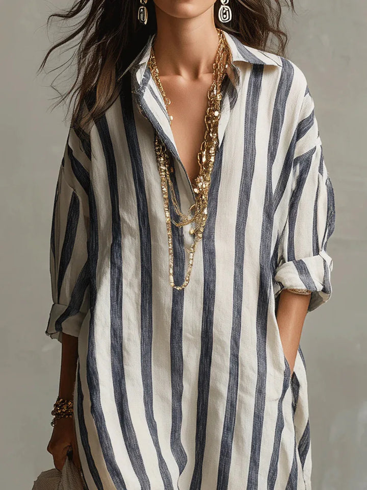 Women's striped casual day dress, a long shirt dress with a comfortable relaxed fit, perfect for summer.