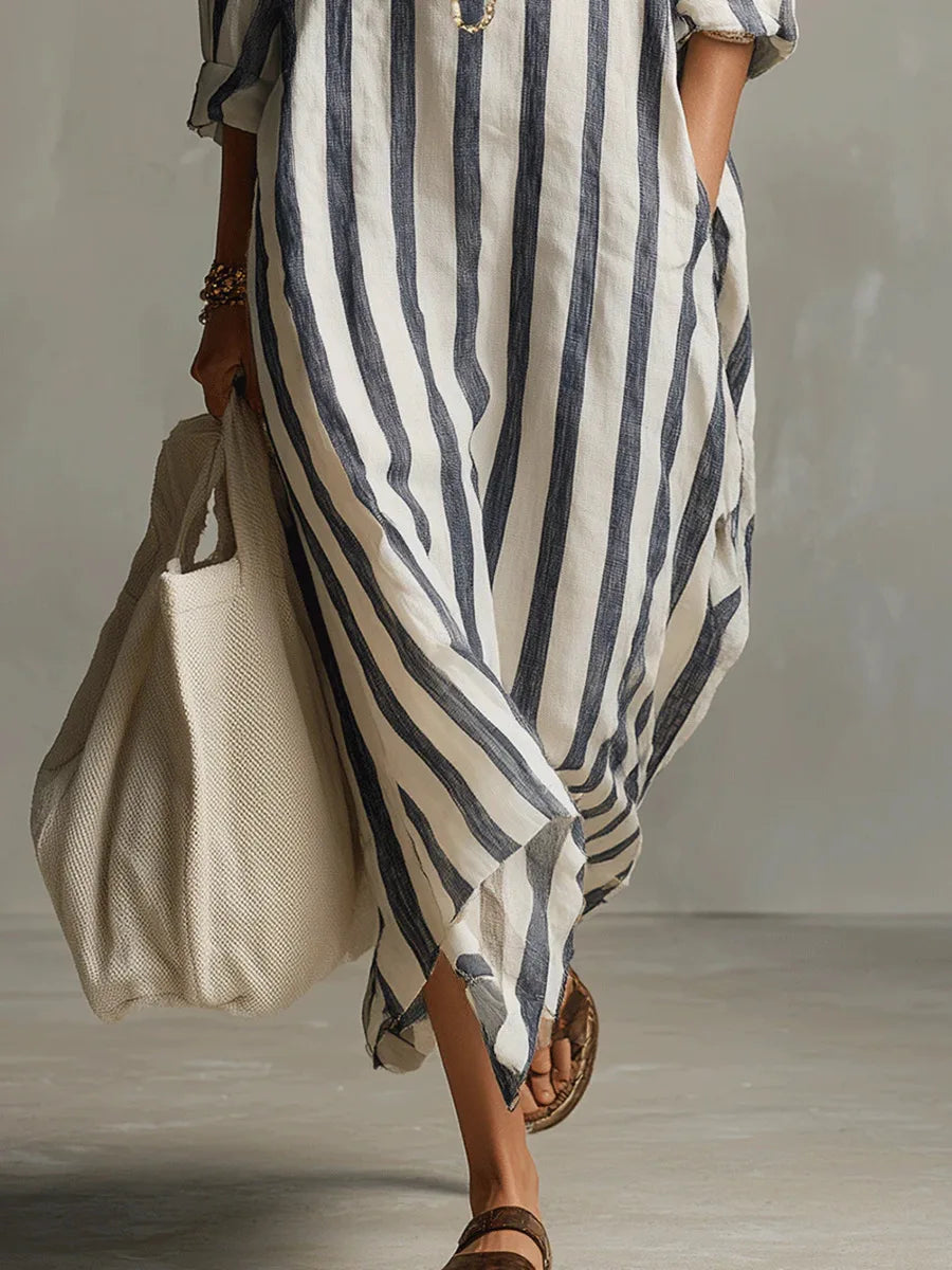 Comfortable women's Amaris striped long shirt dress, a breezy summer essential with a V-neck.
