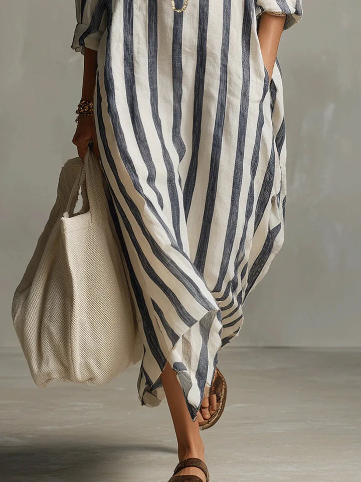 Comfortable women's Amaris striped long shirt dress, a breezy summer essential with a V-neck.