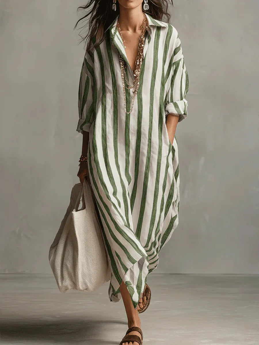 Striped long shirt dress for women, Amaris style, featuring a V-neck and 3/4 sleeves.