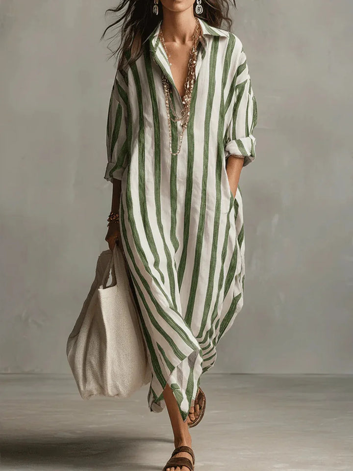 Striped long shirt dress for women, Amaris style, featuring a V-neck and 3/4 sleeves.