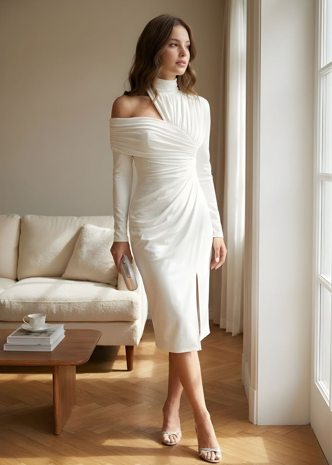 Women's asymmetric draped one-shoulder midi evening dress, perfect for formal events.