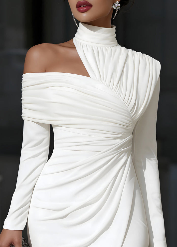 Luxurious women's asymmetric draped one-shoulder midi dress, ideal for special occasion styling.