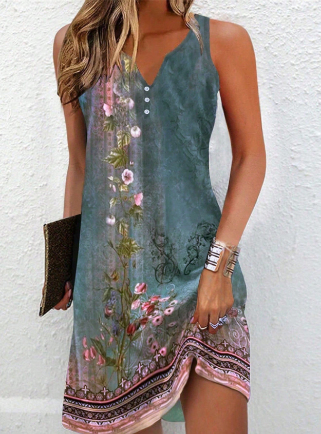 Fashionable women's abstract print midi dress, asymmetric design, ideal for summer outfits