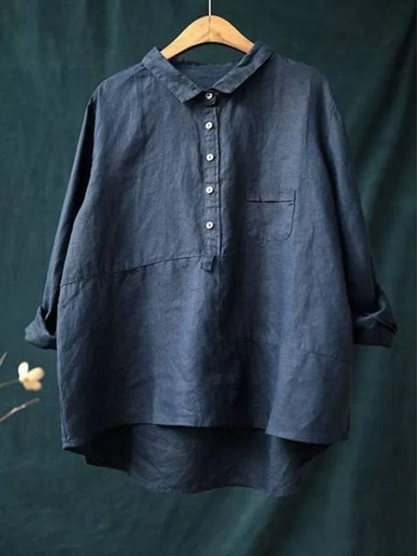 Stylish women's collared button-up blouse with an asymmetrical hem. Relaxed fit, long sleeves for casual wear.