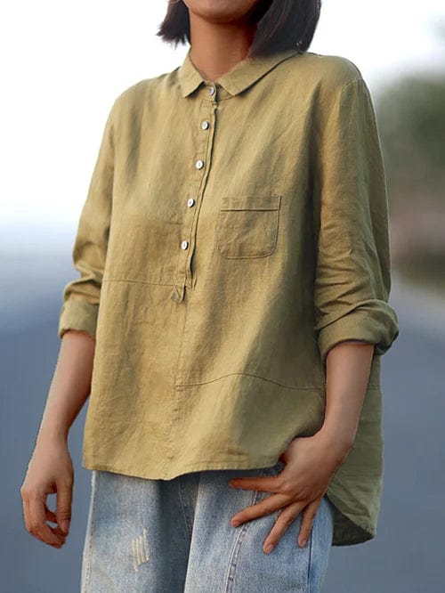 Everyday women's asymmetrical hem blouse, button-up front, long sleeves. Casual & relaxed fit ladies top.