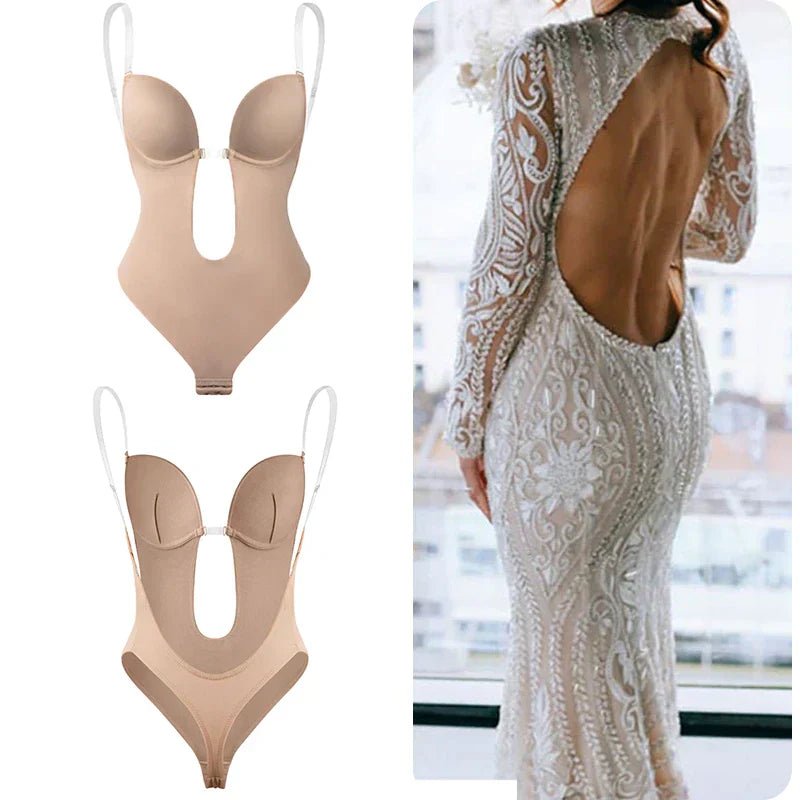 Seamless backless deep plunge body shaper for women, offering invisible smoothing under dresses.