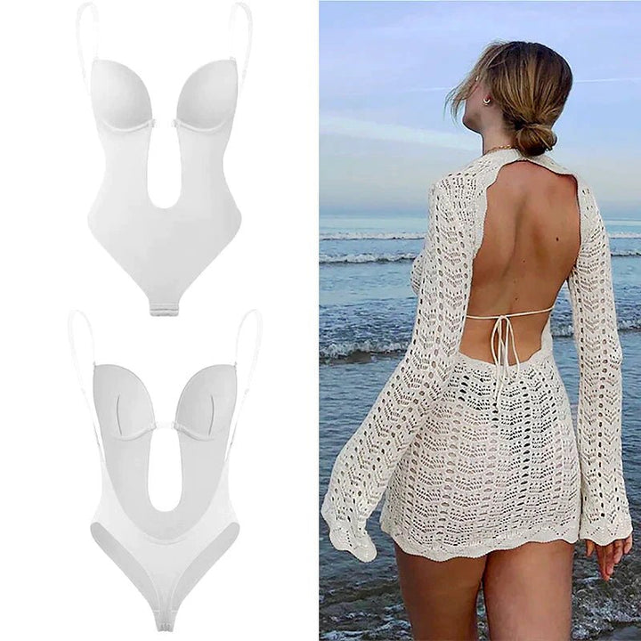 Women's slimming backless body shaper with deep plunge, creating an instant hourglass figure.