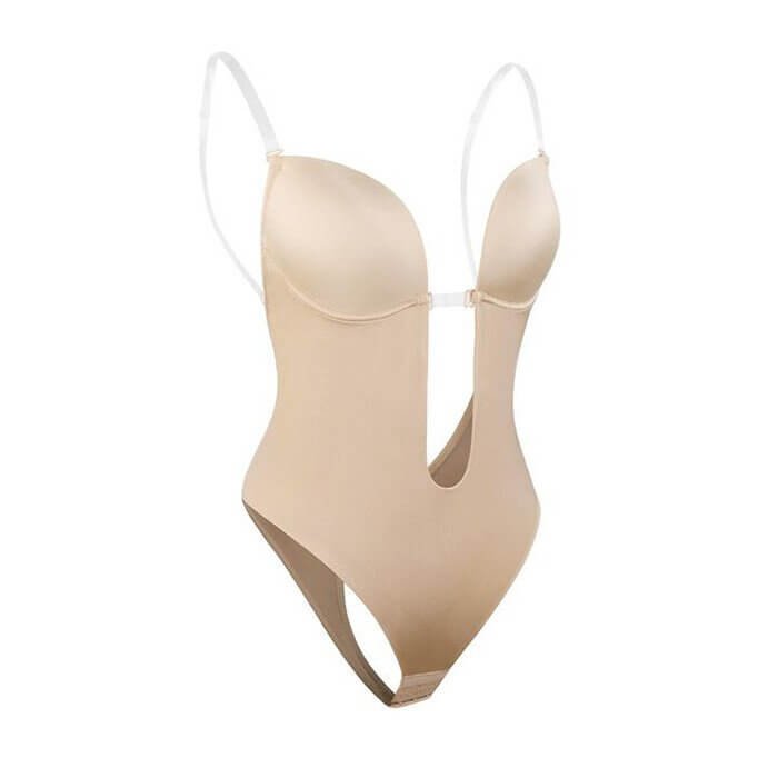 Women's backless deep plunge foundation wear, designed to sculpt the body and smooth the silhouette.