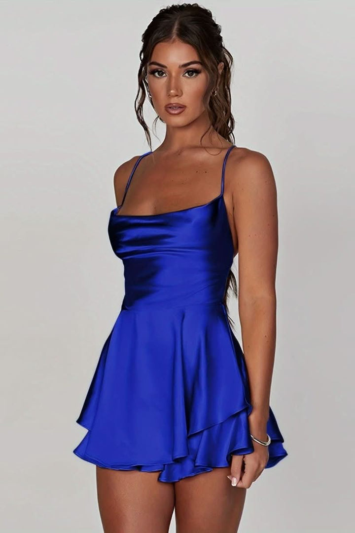 Flattering backless halter mini dress for formal events.